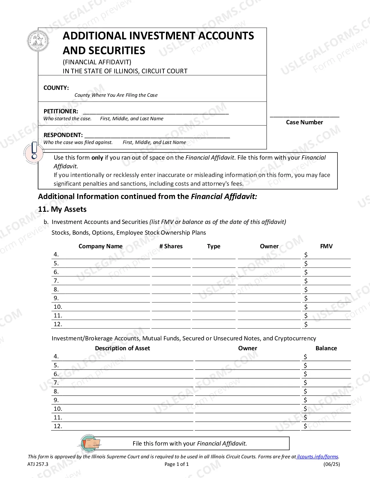 Preview Additional Investment Accounts and Securities - Financial Affidavit