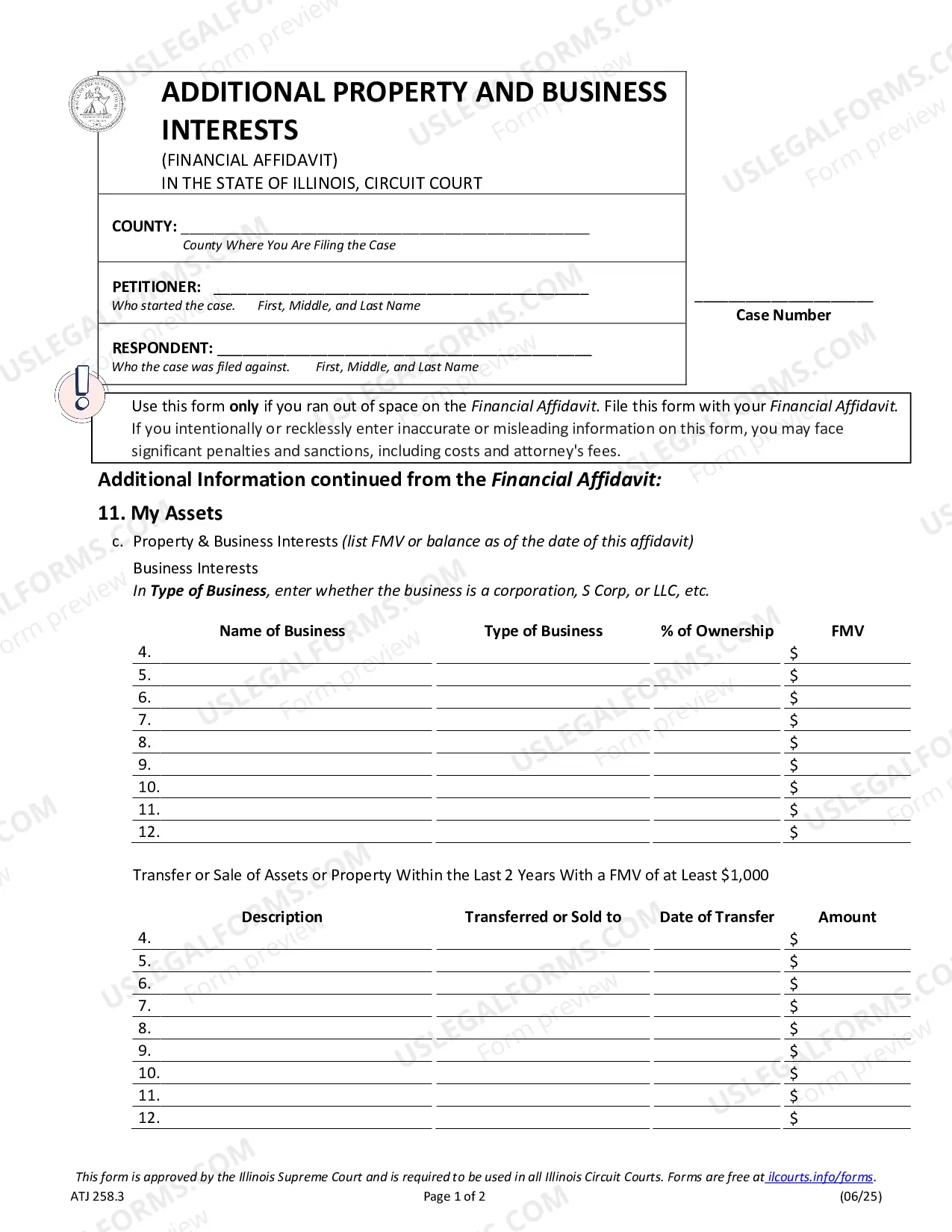 Preview Additional Property and Business Interests - Financial Affidavit
