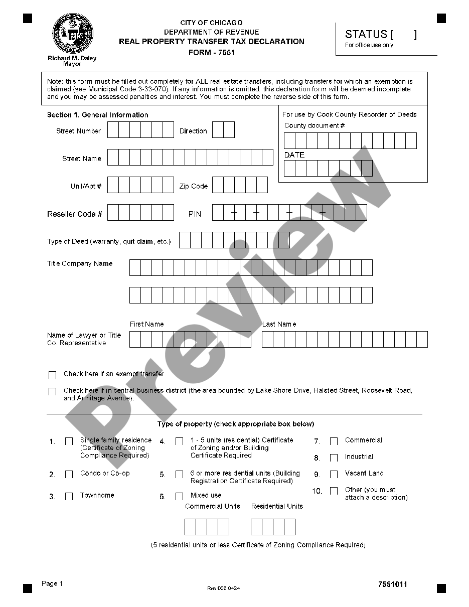 page 0 City of Chicago Illinois Real Estate Transfer Tax Declaration preview