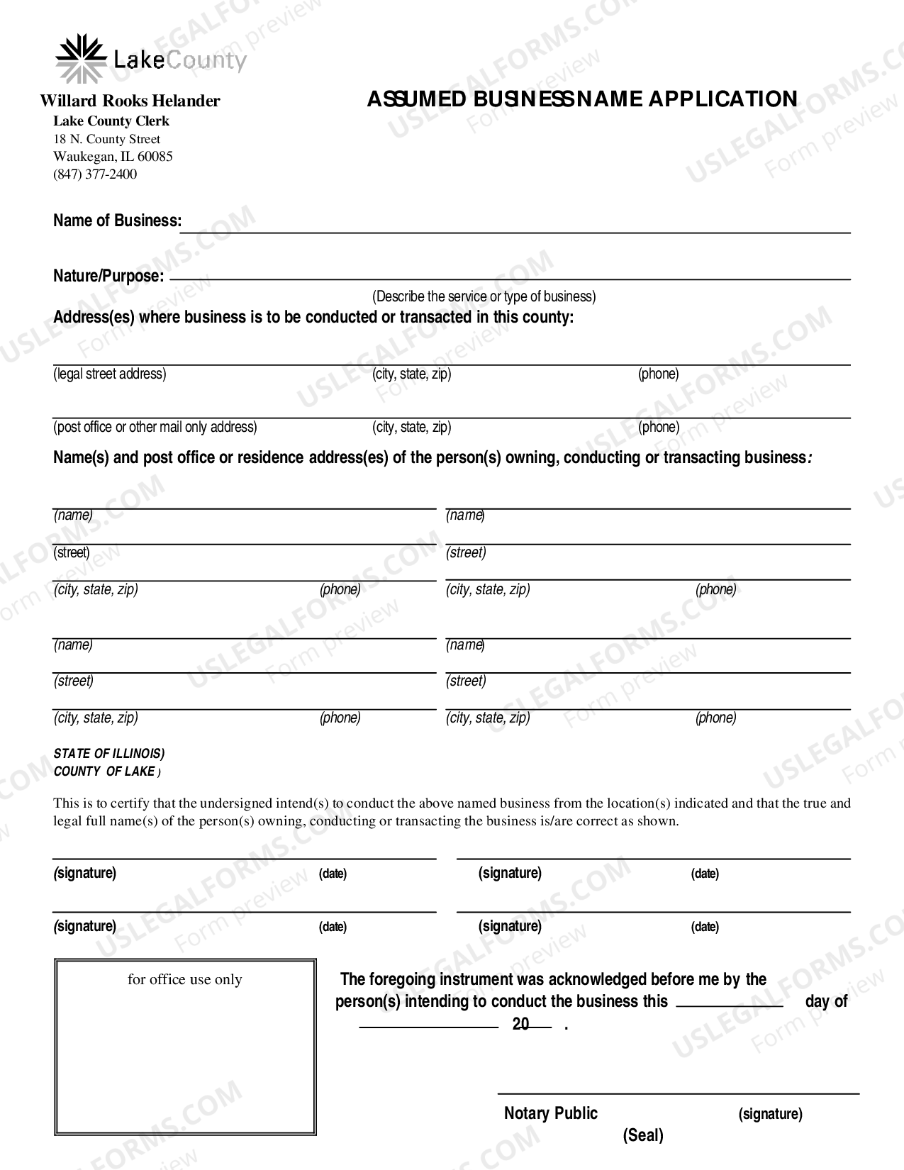 Illinois Assumed Business Name Application for Lake County Illinois