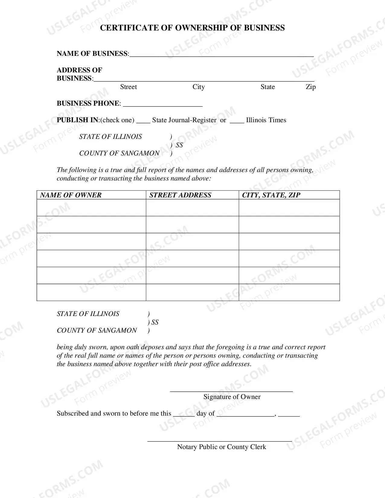 Preview Notice Under Assumed Business Act for Sangamon County
