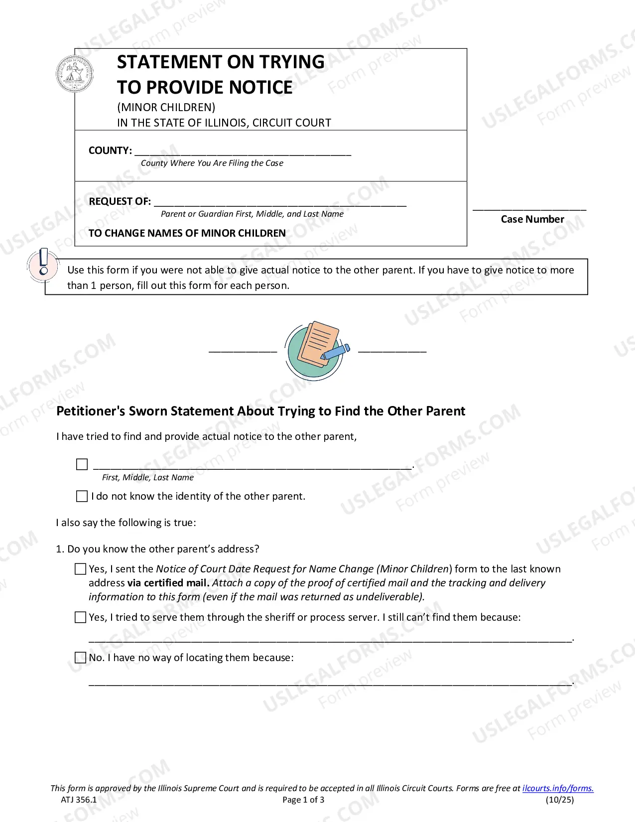 Preview Statement on Trying to Provide Notice - Petitioner's Sworn Statement About Trying to Find the Other Parent