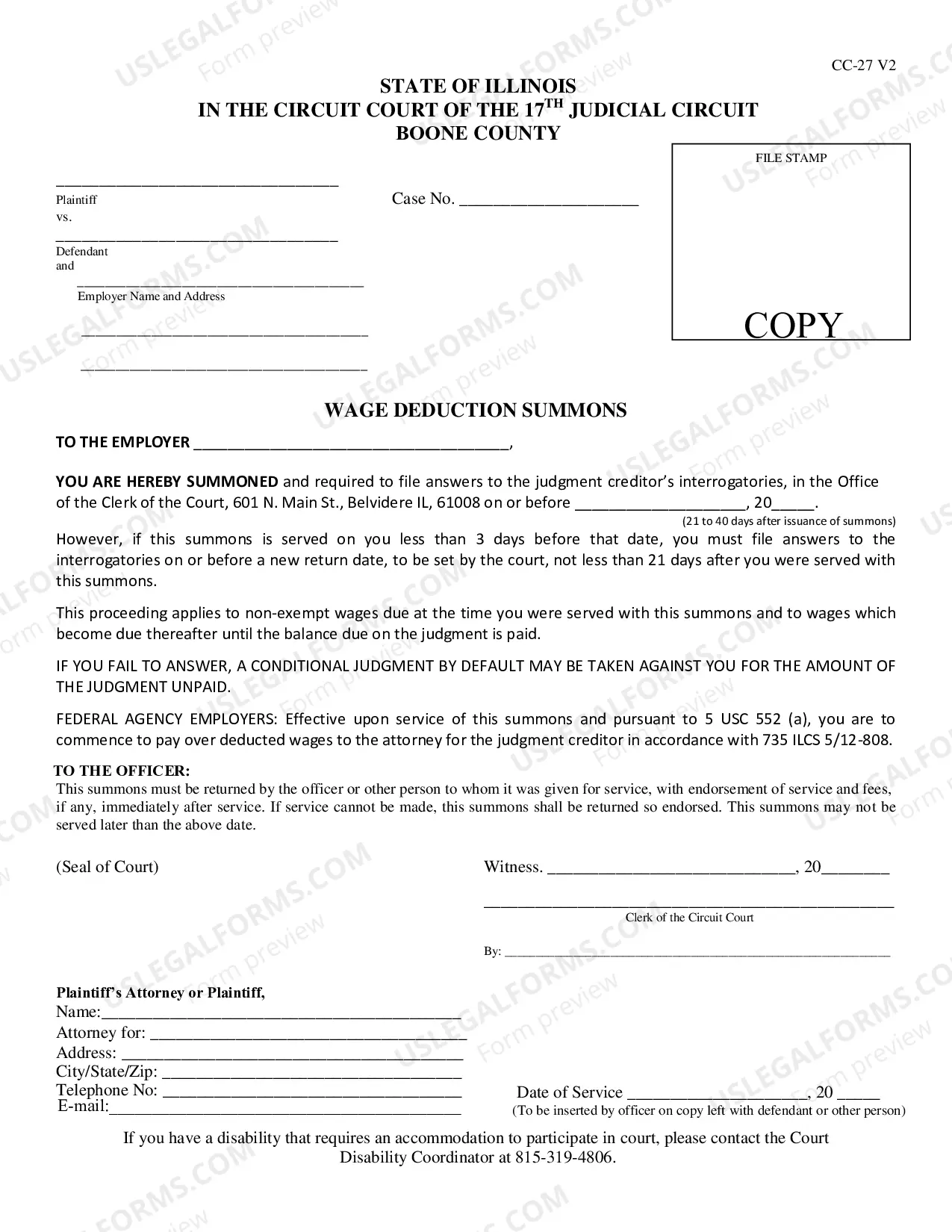 Preview Wage Deduction Summons