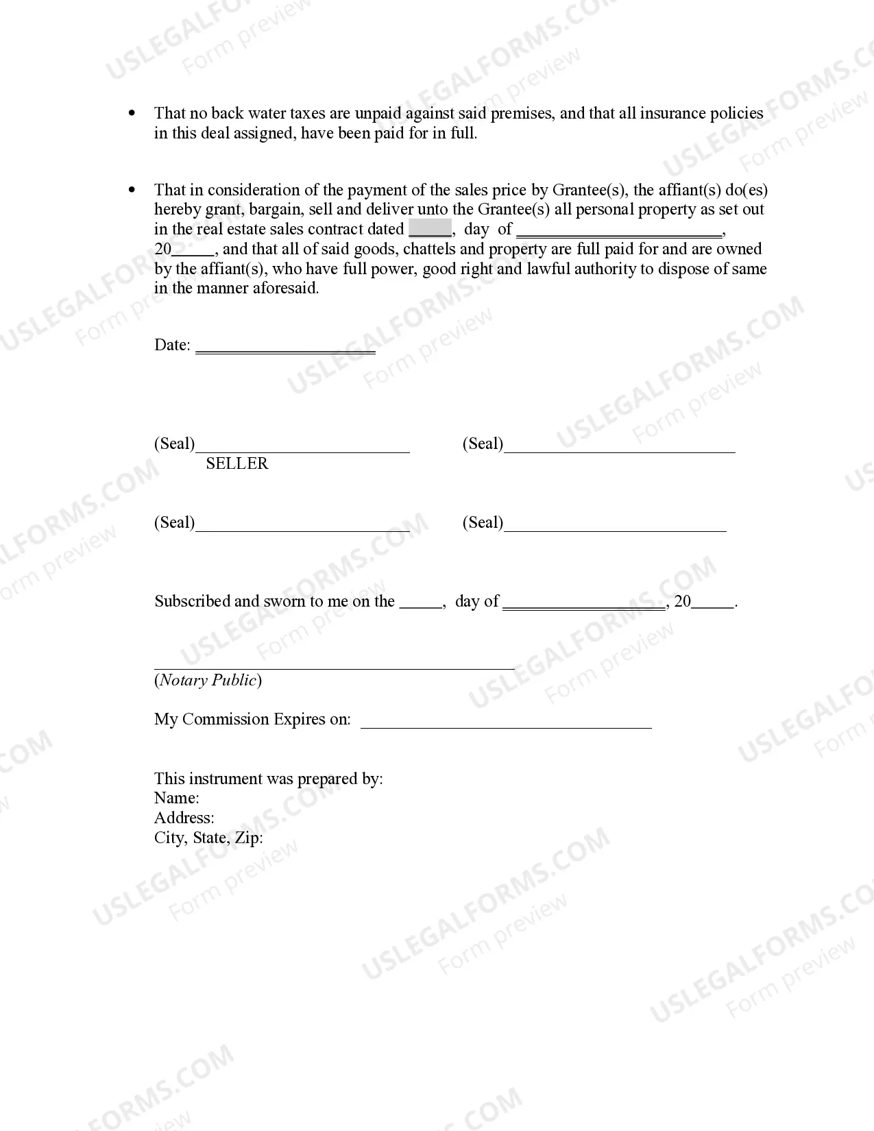 Preview Affidavit of Title and Bill of Sale By Seller