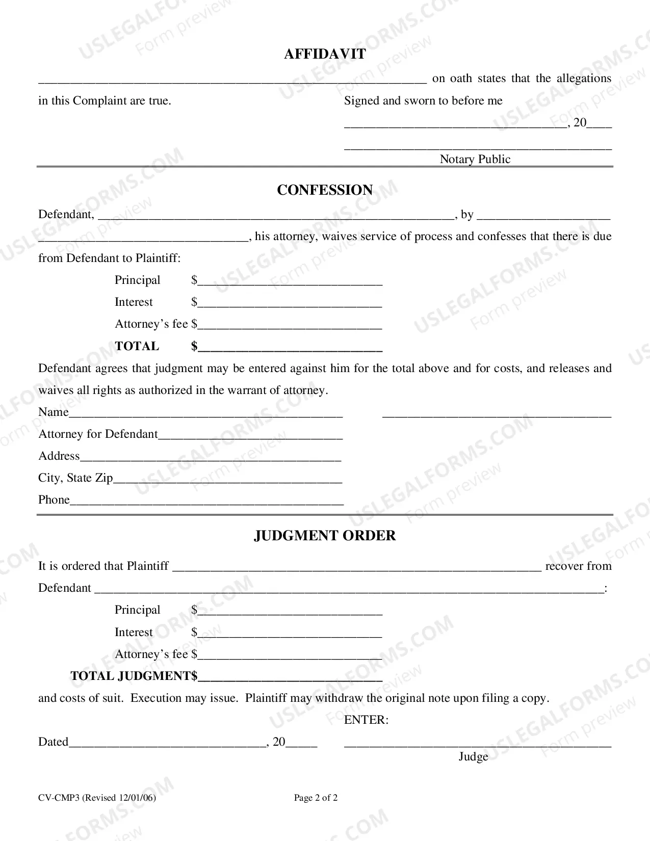 Preview Complaint and Confession On Judgment Note
