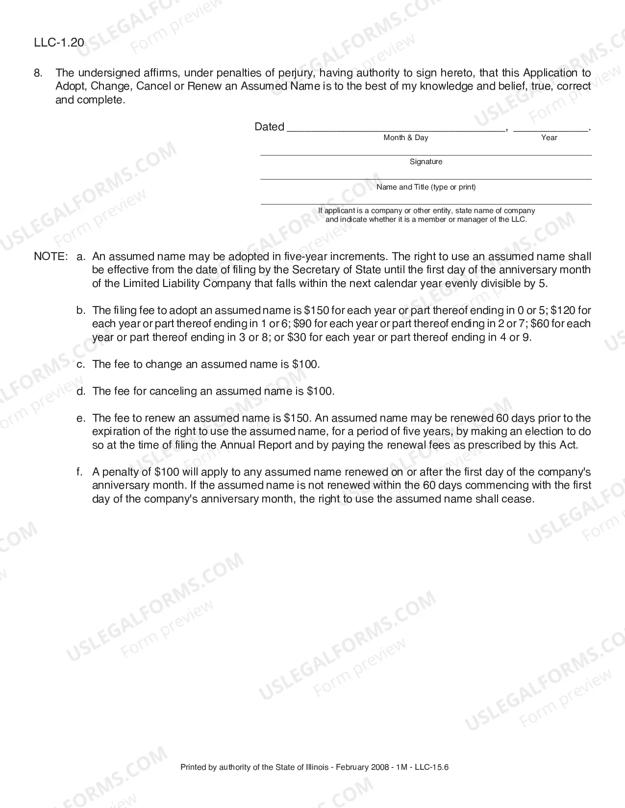 Preview Application to Adopt, Change, Cancel, or Renew an Assumed Name of a LLC