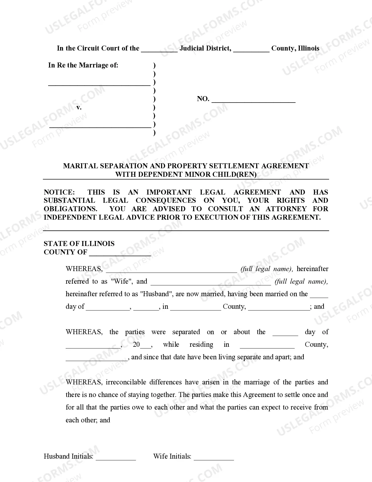 Preview Marital Legal Separation and Property Settlement Agreement Minor Children no Joint Property or Debts where Divorce Action Filed