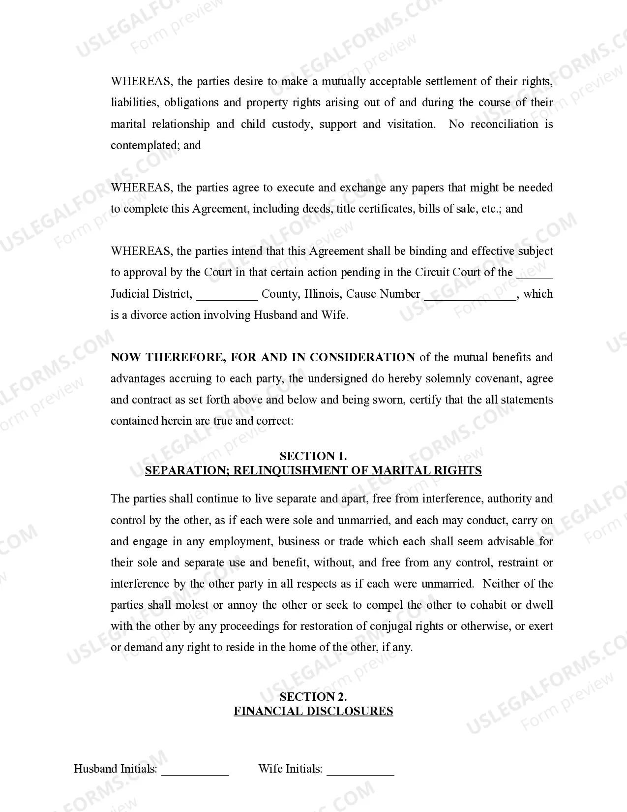 Preview Marital Legal Separation and Property Settlement Agreement Minor Children no Joint Property or Debts where Divorce Action Filed