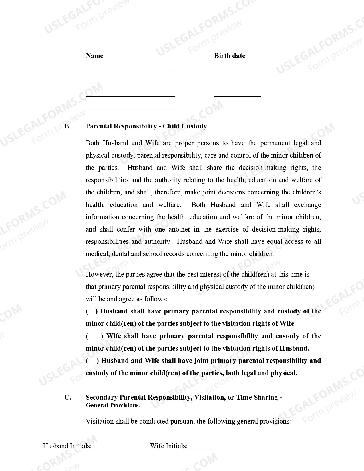 Preview Marital Legal Separation and Property Settlement Agreement Minor Children no Joint Property or Debts where Divorce Action Filed