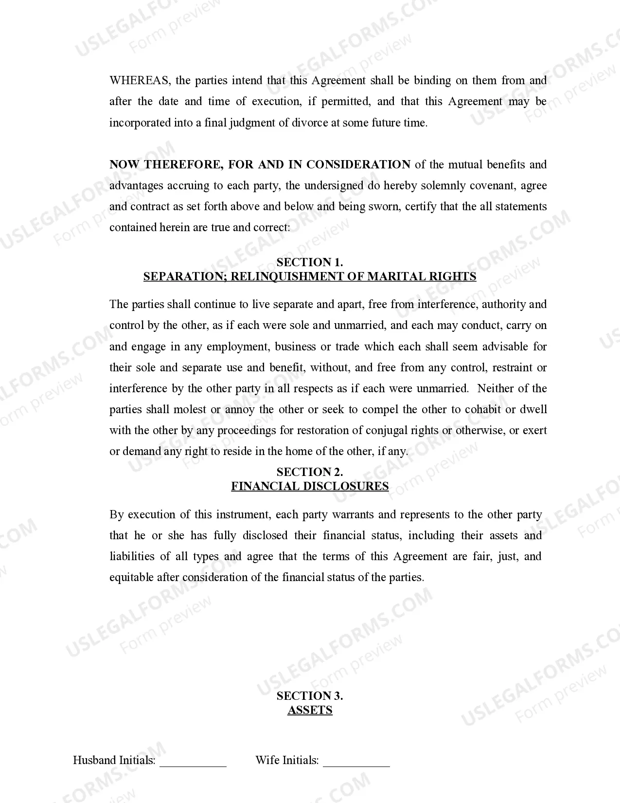 Preview Marital Legal Separation and Property Settlement Agreement Minor Children no Joint Property or Debts effective Immediately