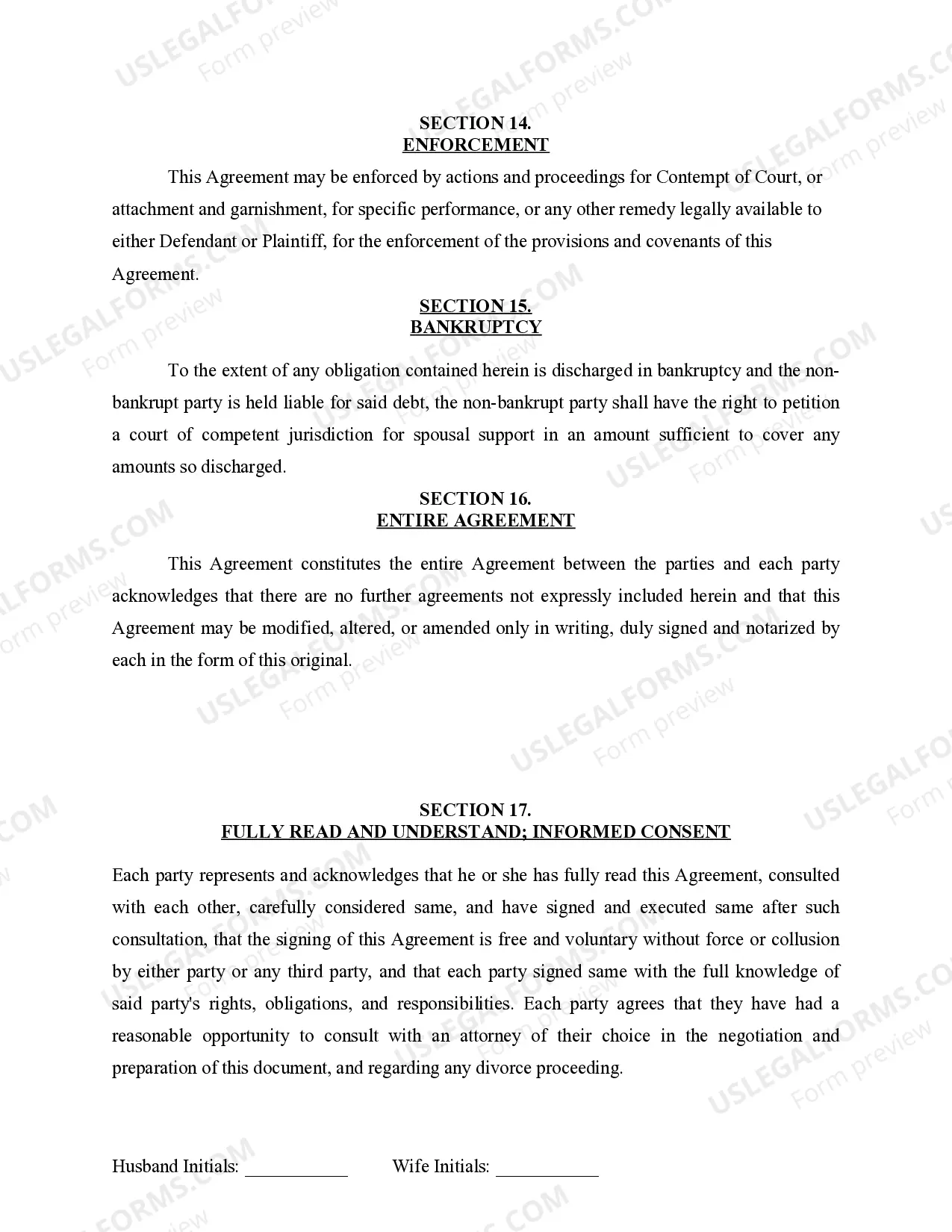 Preview Marital Legal Separation and Property Settlement Agreement for persons with no Children, no Joint Property, or Debts Effective Immediately