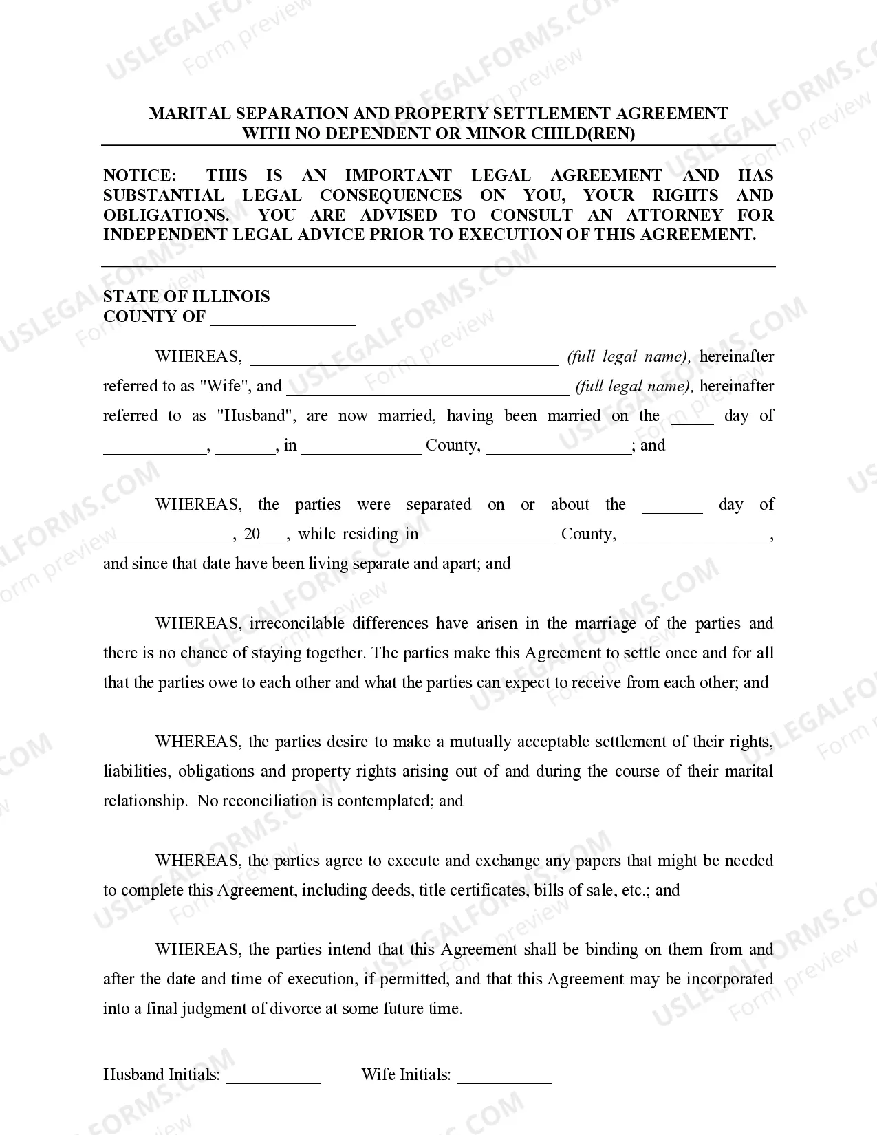 Preview Marital Legal Separation and Property Settlement Agreement for persons with no Children, no Joint Property, or Debts Effective Immediately
