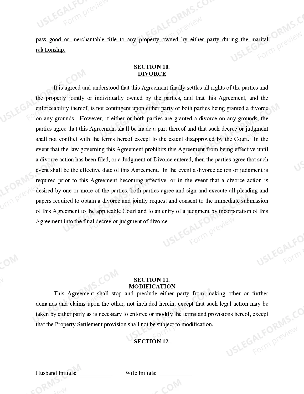 Preview Marital Legal Separation and Property Settlement Agreement for persons with no Children, no Joint Property, or Debts Effective Immediately