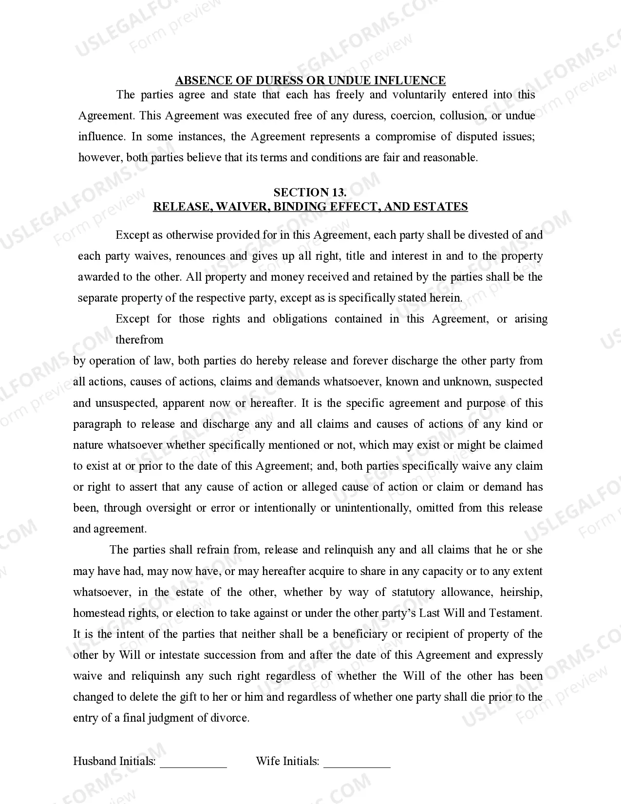 Preview Marital Legal Separation and Property Settlement Agreement for persons with no Children, no Joint Property, or Debts Effective Immediately