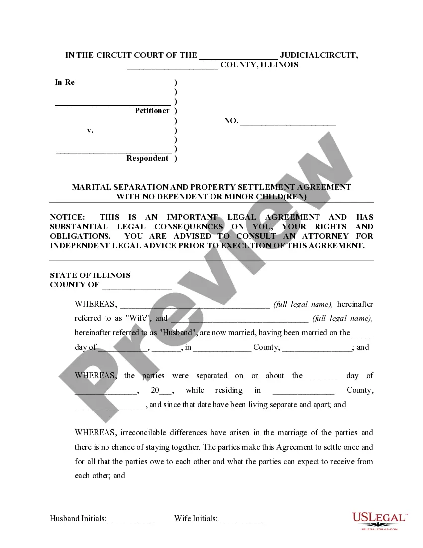 Preview Marital Legal Separation and Property Settlement Agreement no Children parties may have Joint Property or Debts where Divorce Action Filed