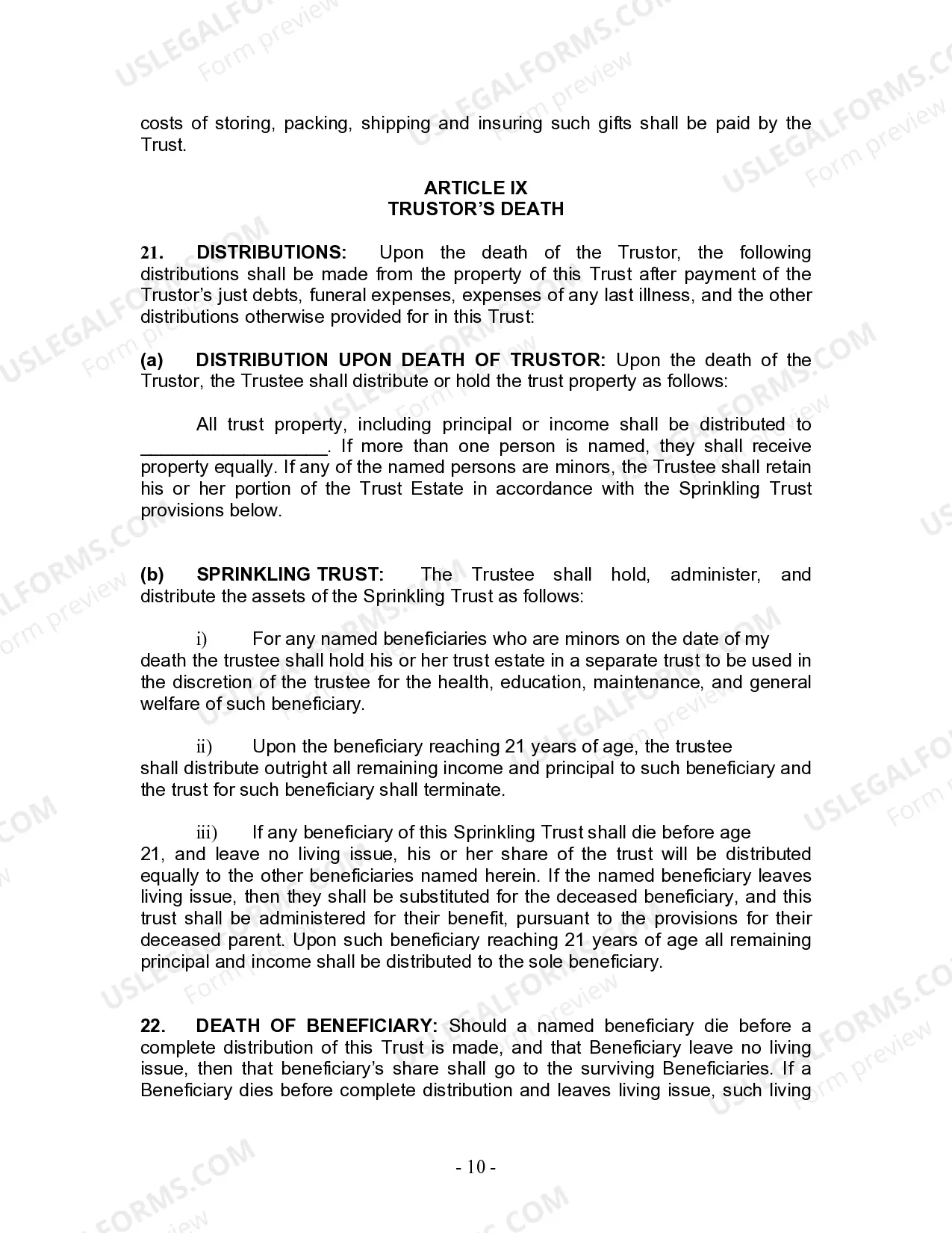 Preview Living Trust for Individual Who is Single, Divorced or Widow or Widower with No Children