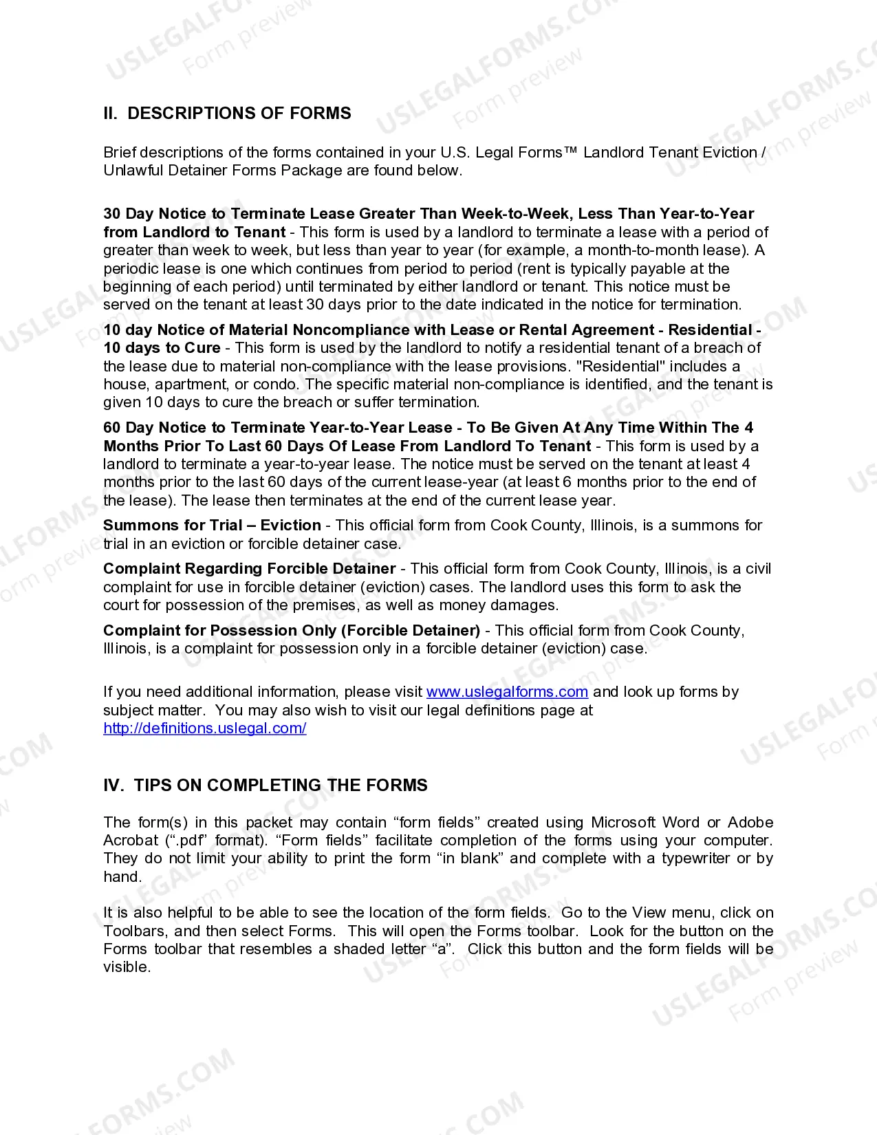 Preview Illinois Landlord Tenant Eviction / Unlawful Detainer Forms Package (Cook County only)