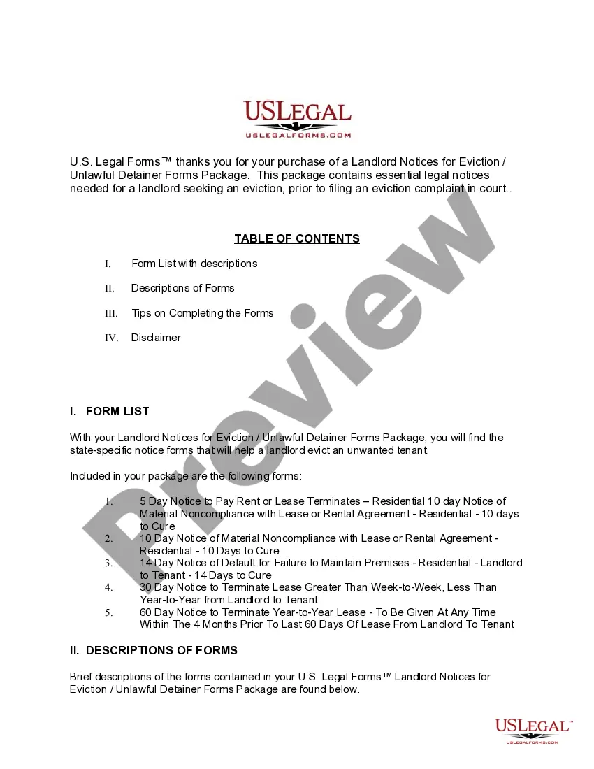 Preview Illinois Landlord Notices for Eviction / Unlawful Detainer Forms Package