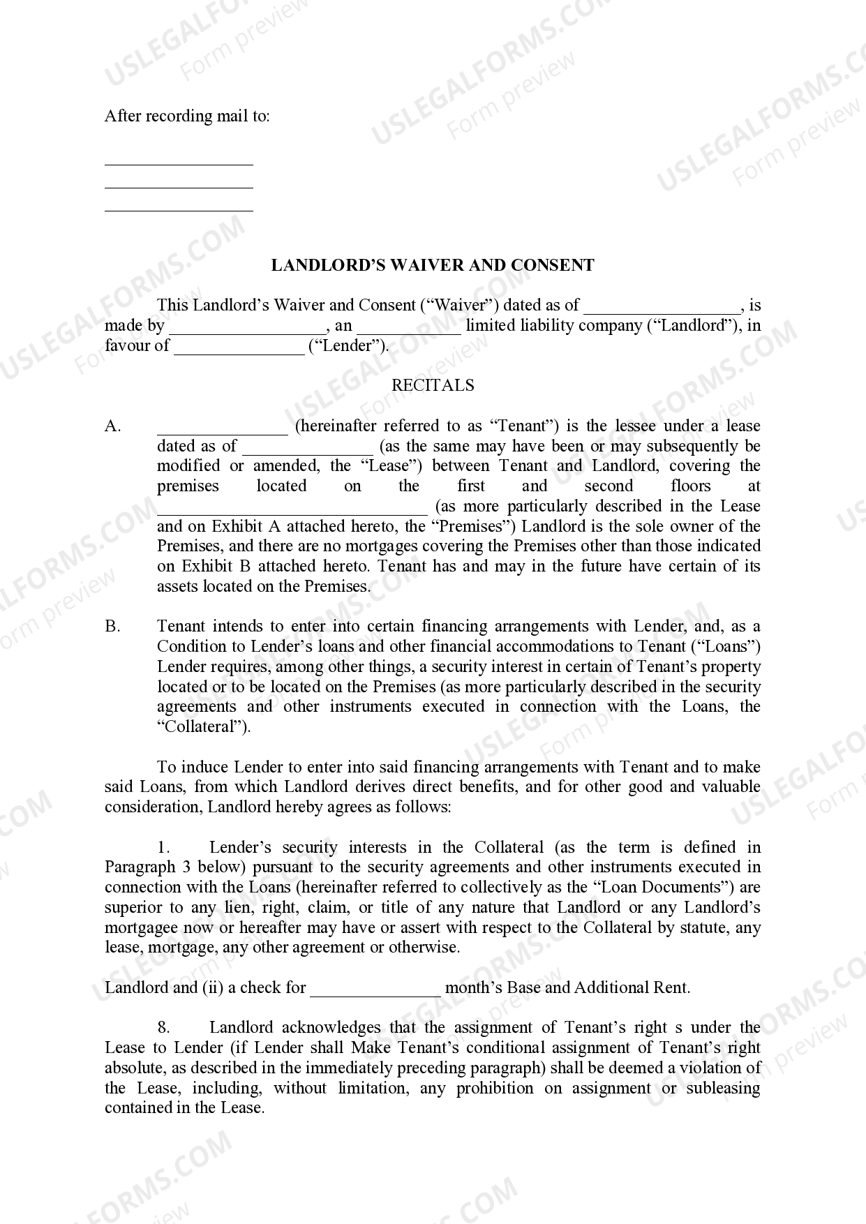 Cook Illinois Landlords Waiver and Consent Landlord Waiver Form US