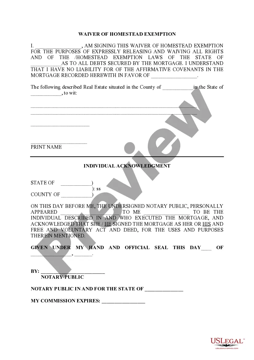 Illinois Homestead Waiver Form With Mortgage | US Legal Forms