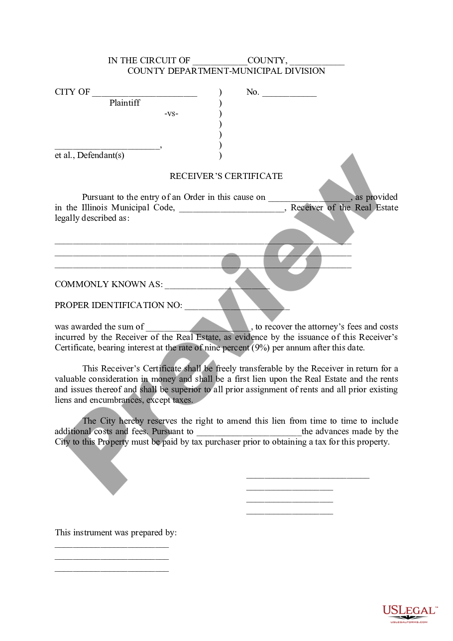 Illinois Receiver s Certificate US Legal Forms