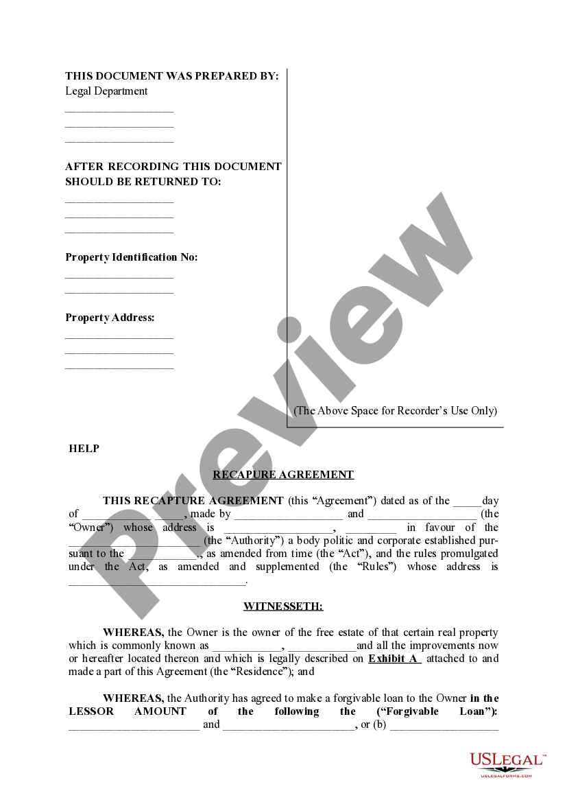 Illinois Recapture Agreement Recapture Agreement Meaning US Legal Forms