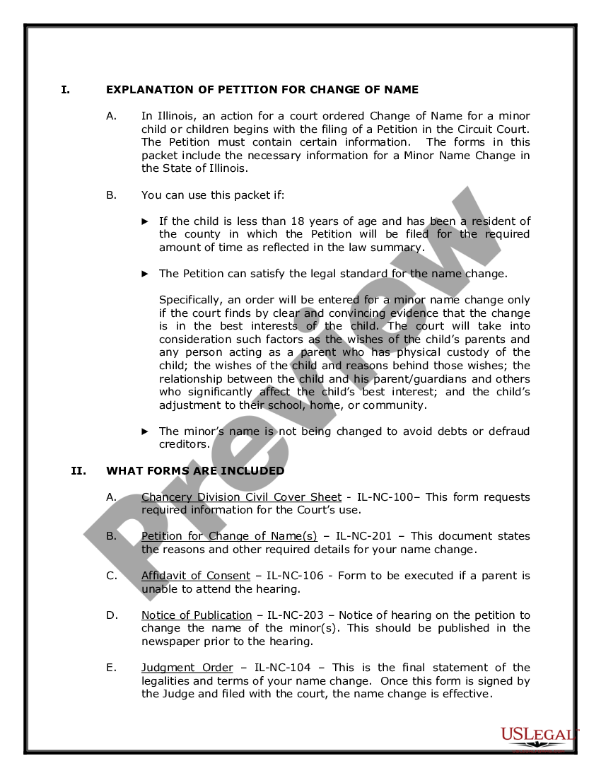 Illinois Name Change Instructions and Forms Package for a Minor Il