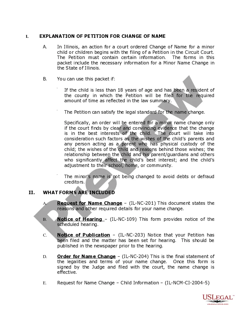 Preview Illinois Name Change Instructions and Forms Package for a Minor - Cook County Only