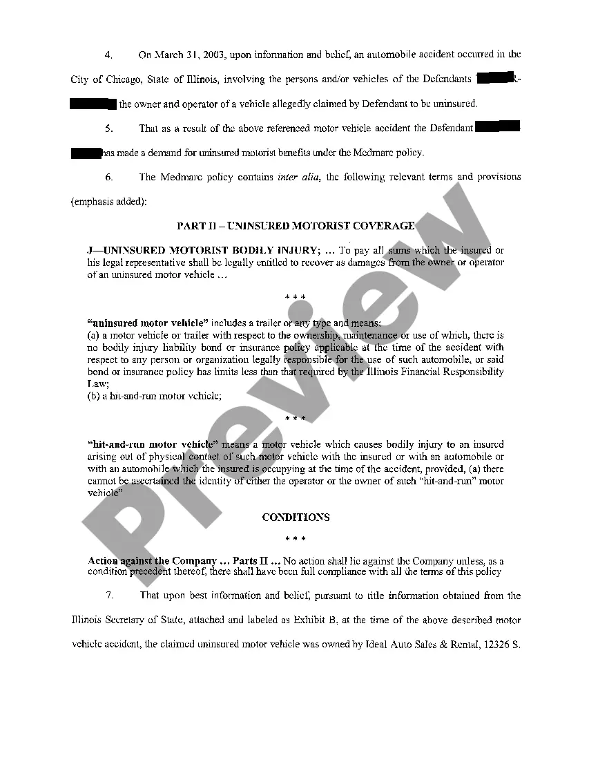 Get A01 Complaint For Declaratory Judgment regarding Uninsured Motorist Coverage Determination for Rental Car Preview A01 Complaint For Declaratory Judgment regarding Uninsured Motorist Coverage Determination for Rental Car