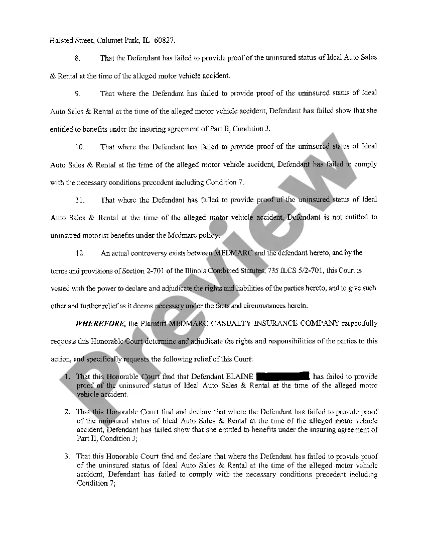 Get A01 Complaint For Declaratory Judgment regarding Uninsured Motorist Coverage Determination for Rental Car Preview A01 Complaint For Declaratory Judgment regarding Uninsured Motorist Coverage Determination for Rental Car