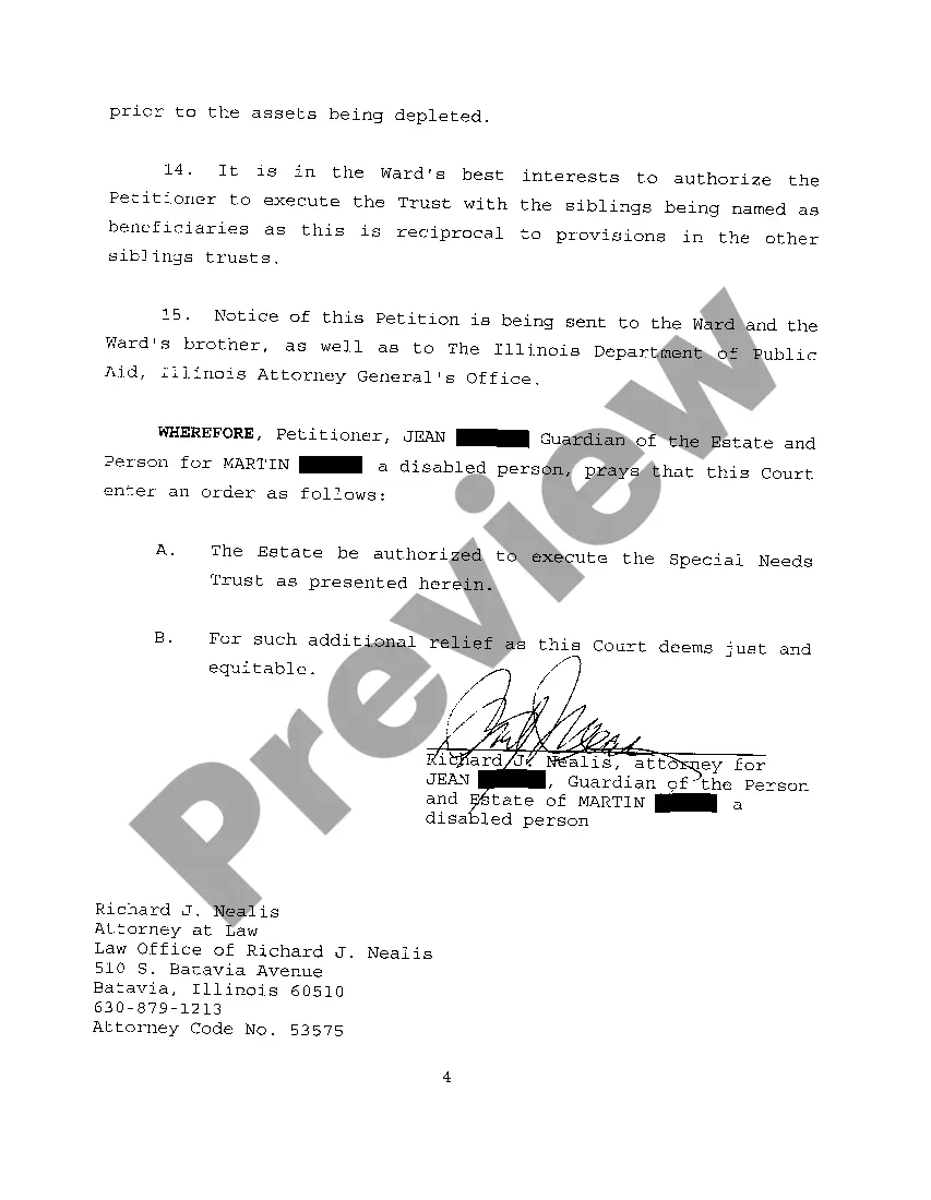 Preview A01 Petition To Authorize The Transfer Of The Estate To The Special Needs Trust with Draft of Trust Attached