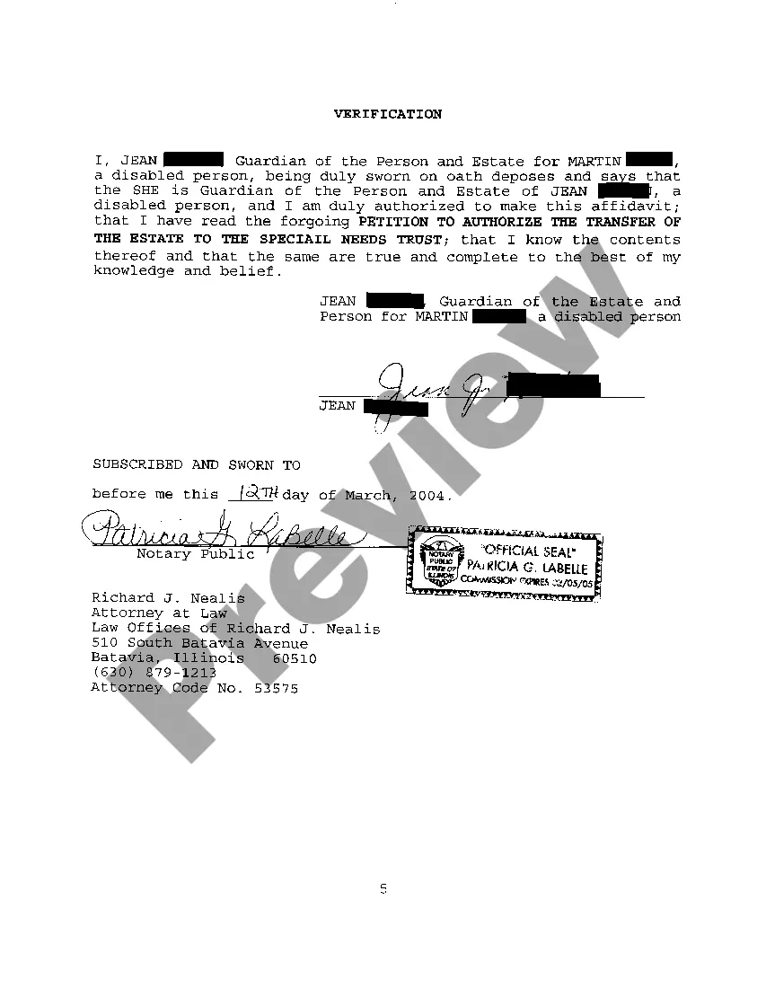 Preview A01 Petition To Authorize The Transfer Of The Estate To The Special Needs Trust with Draft of Trust Attached