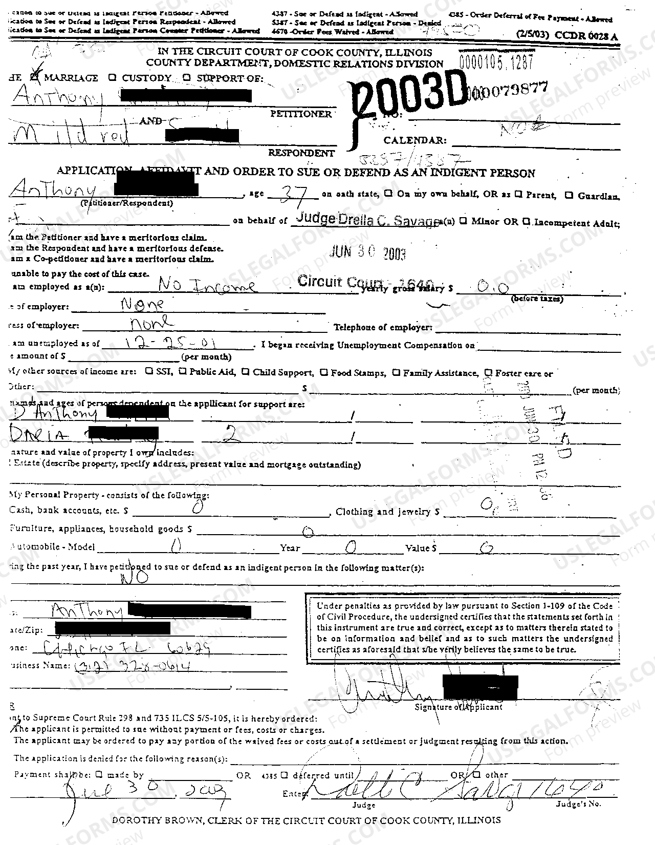 Cook Illinois Application, Affidavit And Order To Sue Or Defend As An