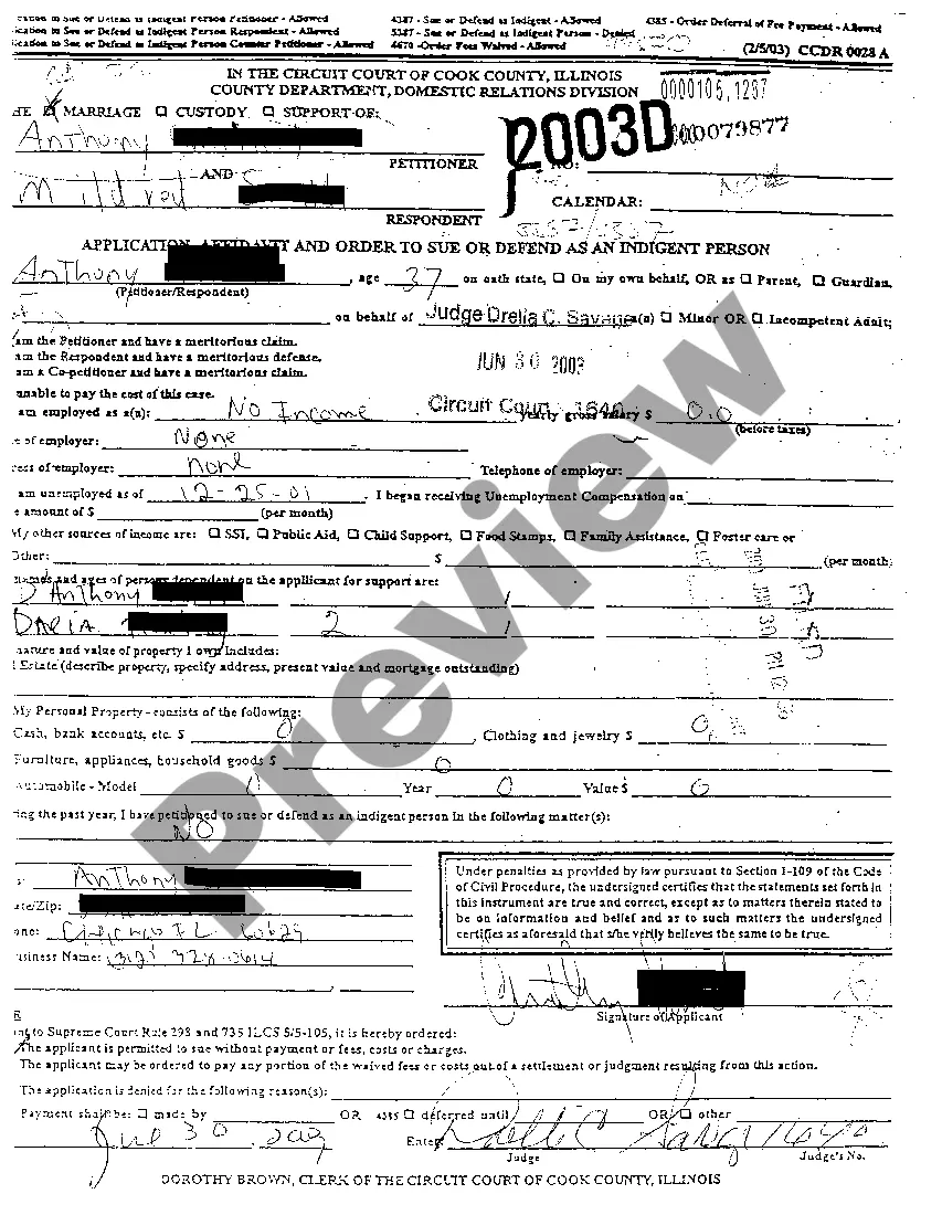 Preview A04 Application, Affidavit And Order To Sue Or Defend As An Indigent Person