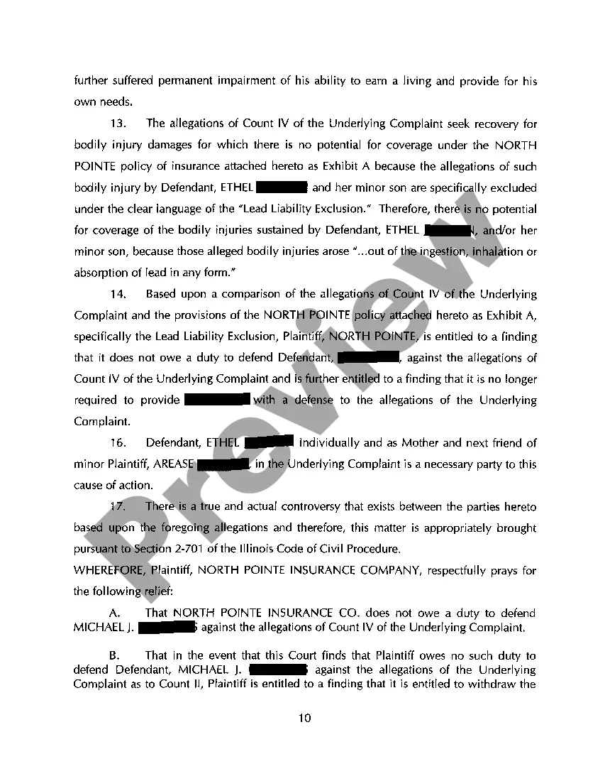 Get A01 Verified Complaint For Declaratory Judgment regarding Lead Paint Exclusion from Commercial Liability Policy Preview A01 Verified Complaint For Declaratory Judgment regarding Lead Paint Exclusion from Commercial Liability Policy