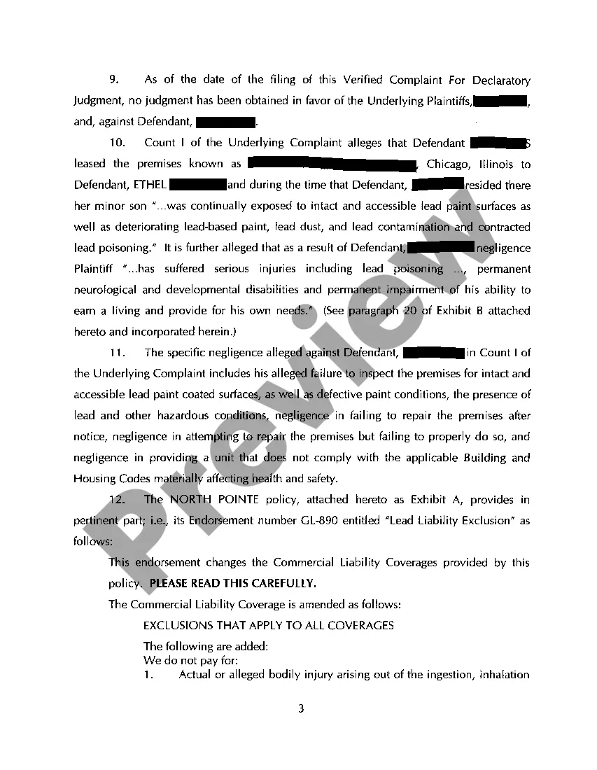 Get A01 Verified Complaint For Declaratory Judgment regarding Lead Paint Exclusion from Commercial Liability Policy Preview A01 Verified Complaint For Declaratory Judgment regarding Lead Paint Exclusion from Commercial Liability Policy