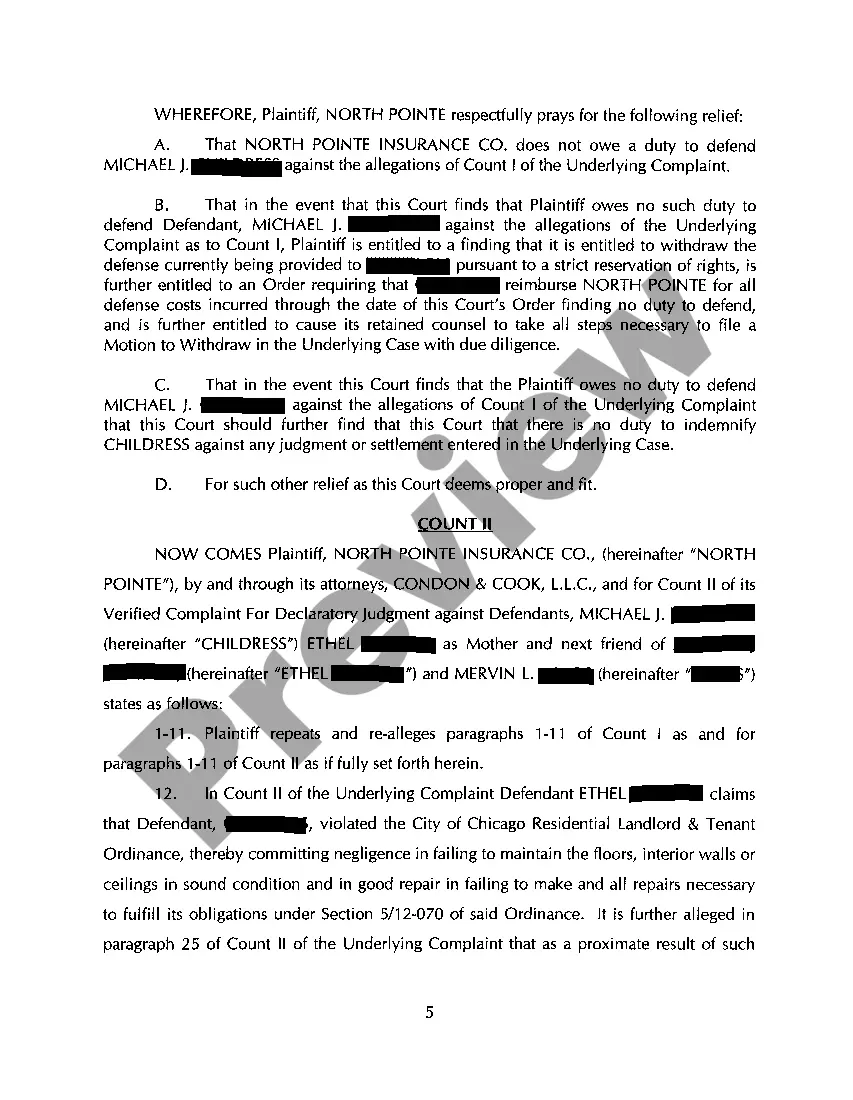 Get A01 Verified Complaint For Declaratory Judgment regarding Lead Paint Exclusion from Commercial Liability Policy Preview A01 Verified Complaint For Declaratory Judgment regarding Lead Paint Exclusion from Commercial Liability Policy