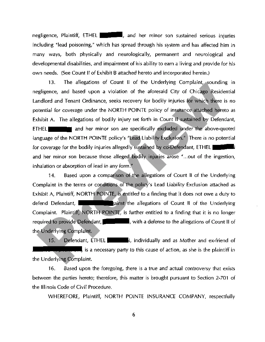 Get A01 Verified Complaint For Declaratory Judgment regarding Lead Paint Exclusion from Commercial Liability Policy Preview A01 Verified Complaint For Declaratory Judgment regarding Lead Paint Exclusion from Commercial Liability Policy