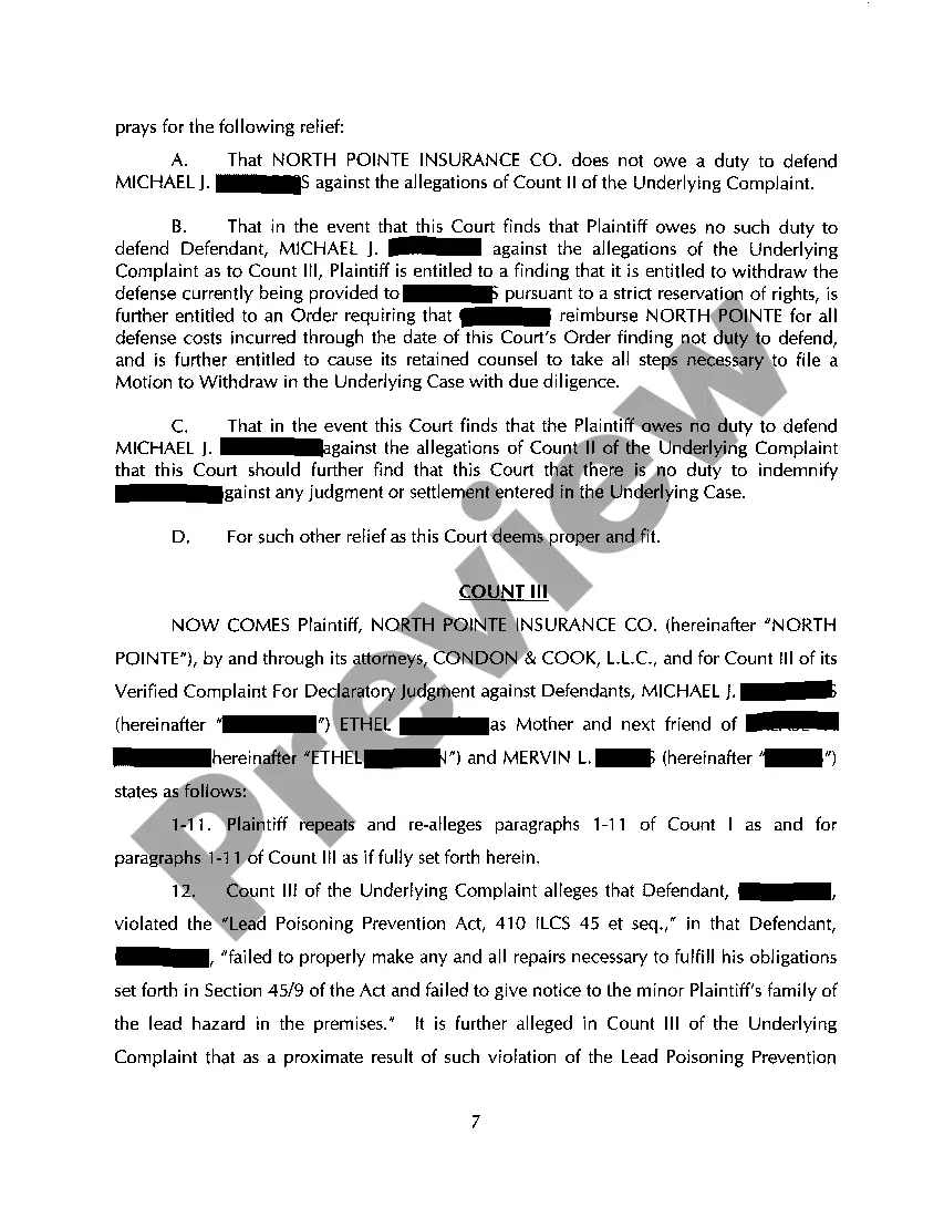 Get A01 Verified Complaint For Declaratory Judgment regarding Lead Paint Exclusion from Commercial Liability Policy Preview A01 Verified Complaint For Declaratory Judgment regarding Lead Paint Exclusion from Commercial Liability Policy