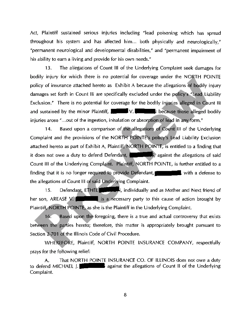 Get A01 Verified Complaint For Declaratory Judgment regarding Lead Paint Exclusion from Commercial Liability Policy Preview A01 Verified Complaint For Declaratory Judgment regarding Lead Paint Exclusion from Commercial Liability Policy