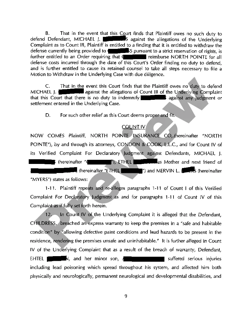 Get A01 Verified Complaint For Declaratory Judgment regarding Lead Paint Exclusion from Commercial Liability Policy Preview A01 Verified Complaint For Declaratory Judgment regarding Lead Paint Exclusion from Commercial Liability Policy