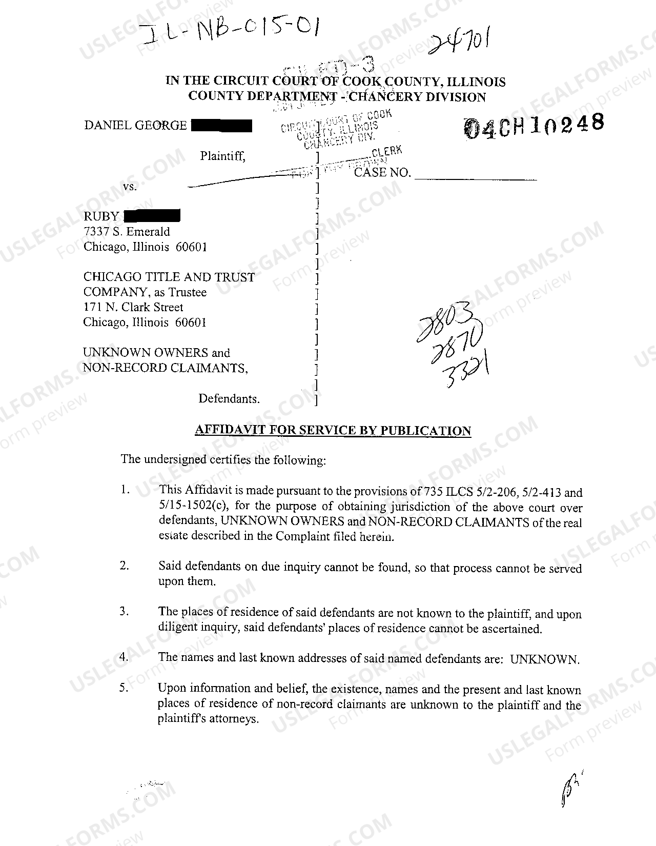 Cook Illinois Affidavit For Service By Publication Affidavit Of