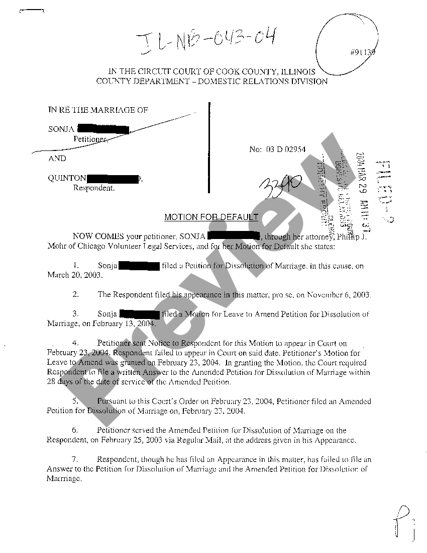 Illinois Motion For Default for Failure to Plead US Legal Forms