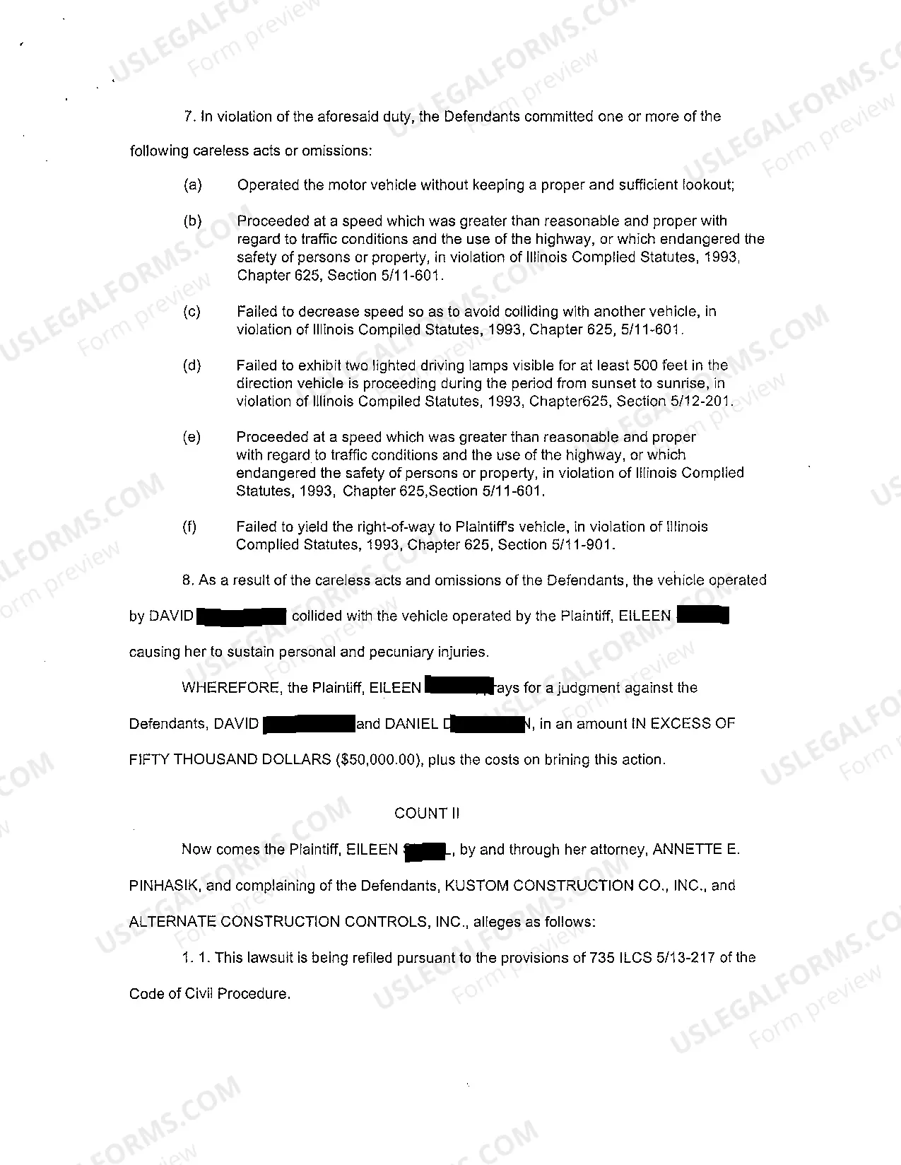 Preview A01 Complaint At Law regarding Two Car Collision Around a Highway Construction Site