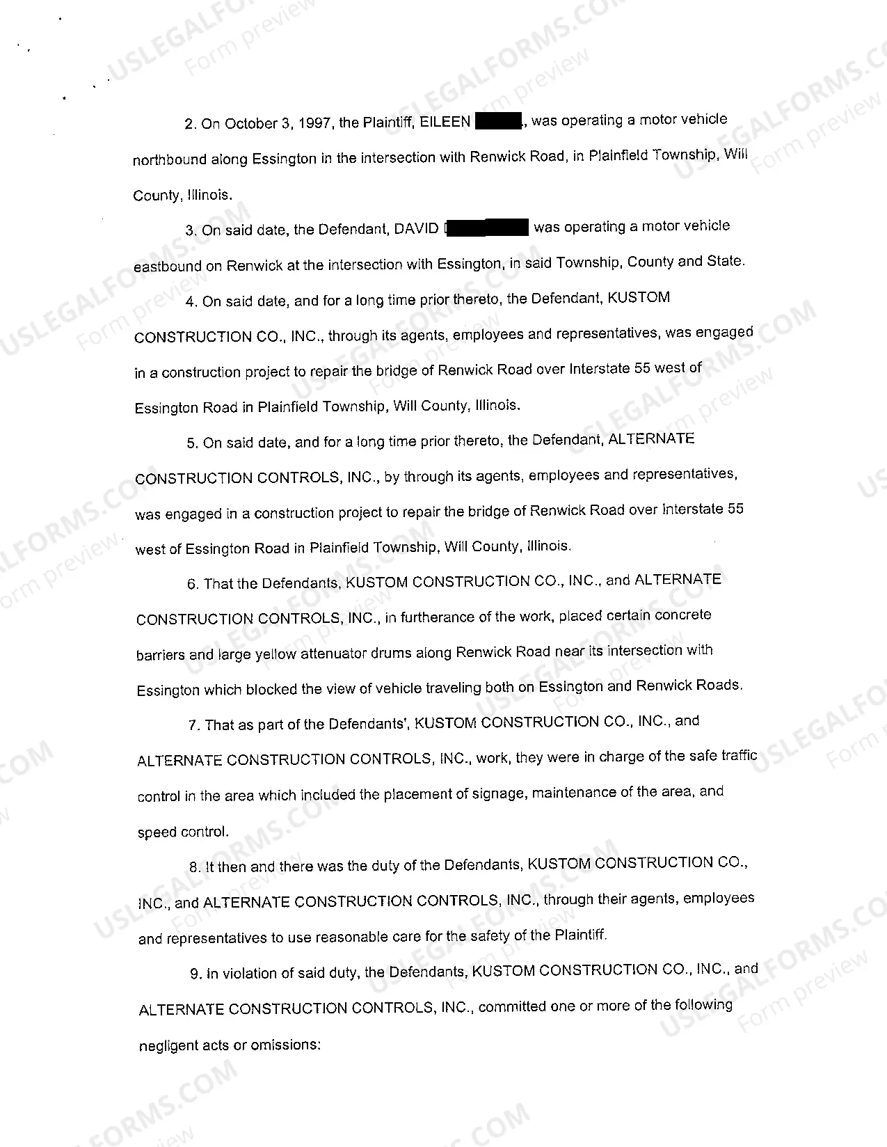 Preview A01 Complaint At Law regarding Two Car Collision Around a Highway Construction Site