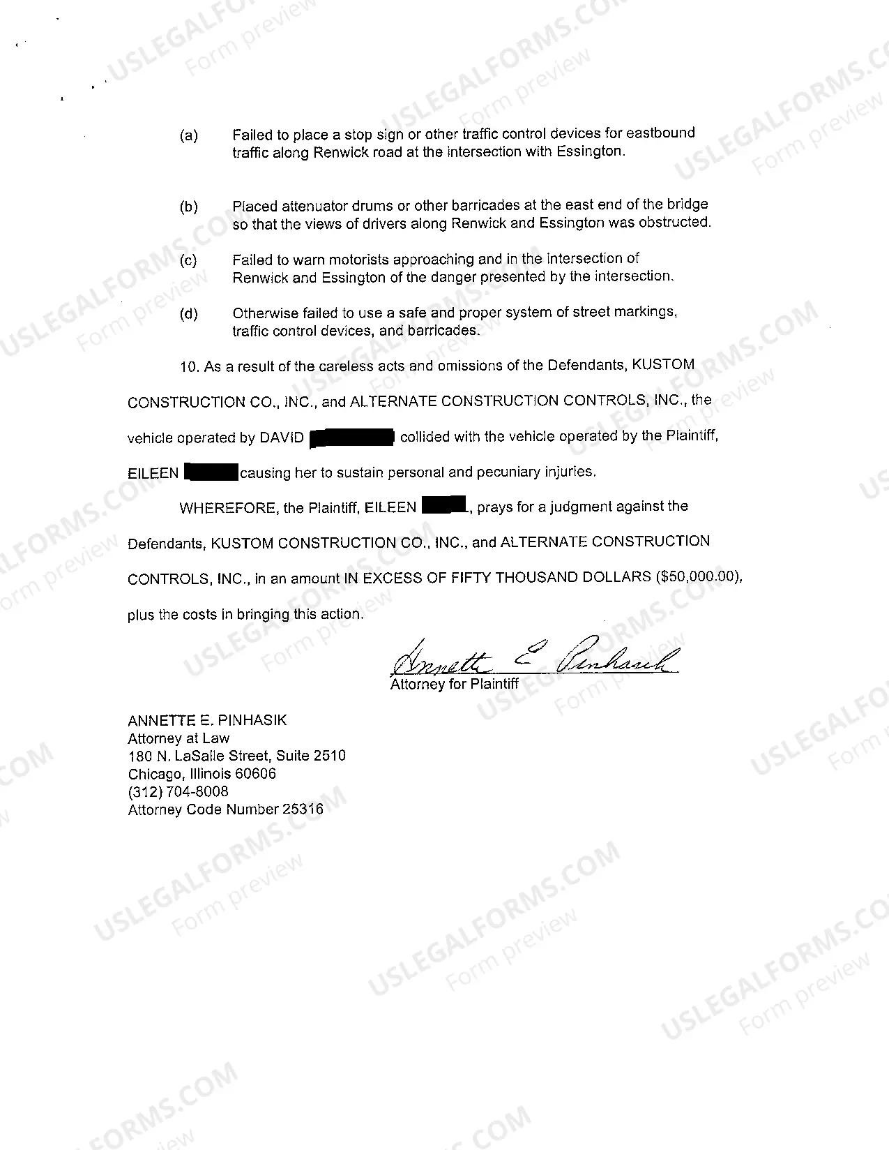 Preview A01 Complaint At Law regarding Two Car Collision Around a Highway Construction Site