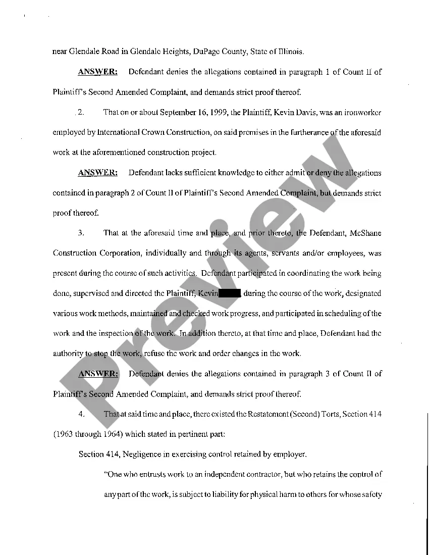 Get A01 Answer and Affirmative Defenses to Second Amended Complaint regarding fall from beam on construction site Preview A01 Answer and Affirmative Defenses to Second Amended Complaint regarding fall from beam on construction site