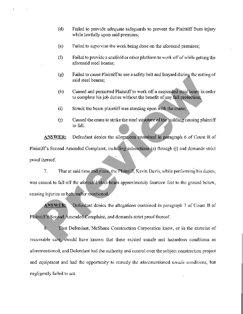 Get A01 Answer and Affirmative Defenses to Second Amended Complaint regarding fall from beam on construction site Preview A01 Answer and Affirmative Defenses to Second Amended Complaint regarding fall from beam on construction site