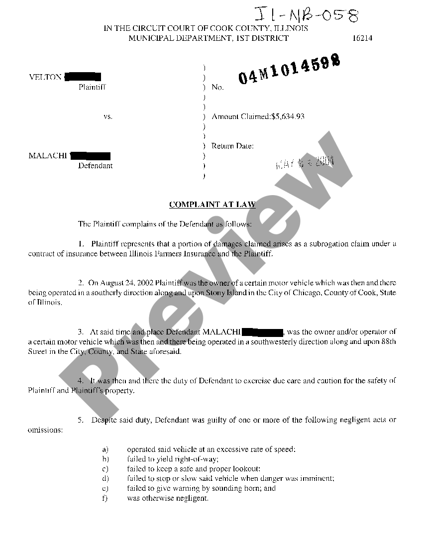 Illinois Complaint At Law regarding automobile accident US Legal Forms