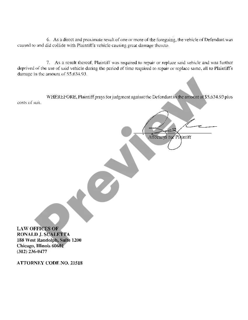 Preview Complaint At Law regarding automobile accident